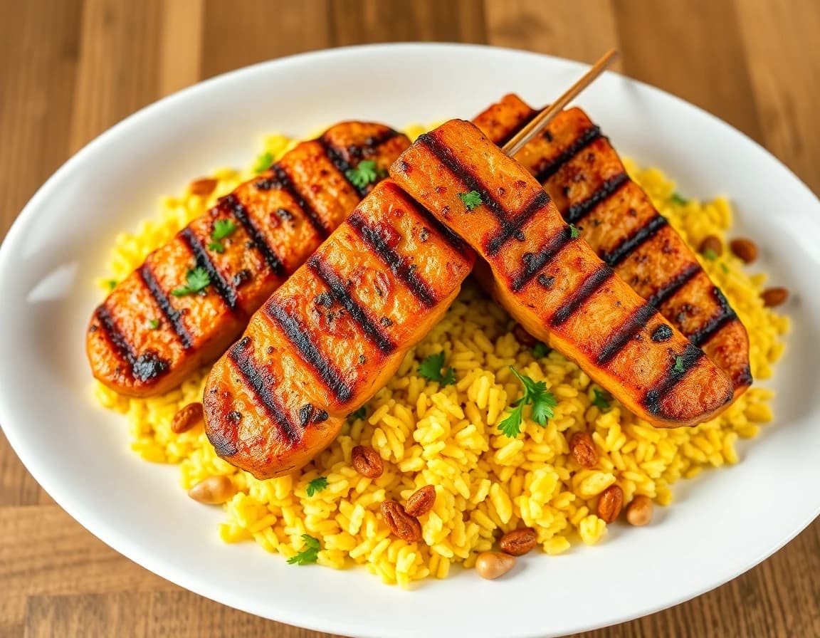 Grilled Chicken Shish with Saffron Rice Pilaf